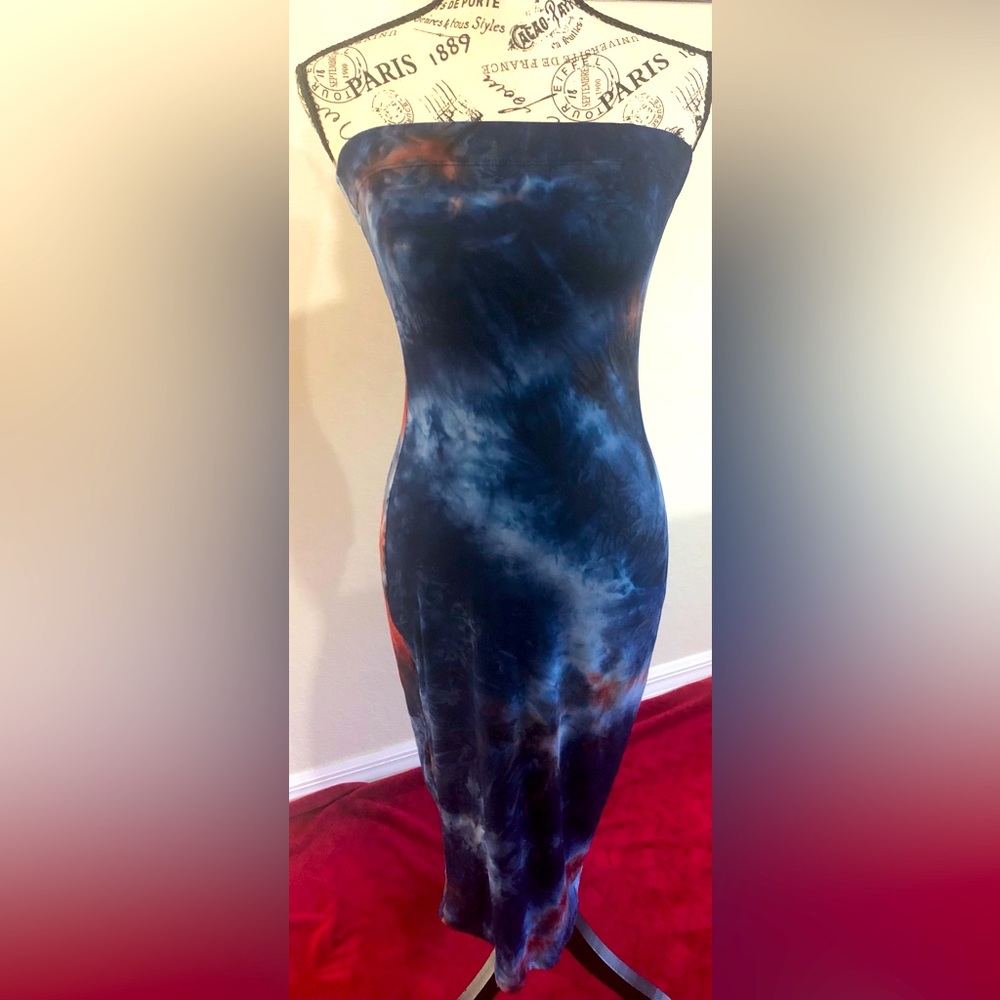 Tie Dye Tube Top Dress- Navy Blue/Burgundy Size Small New